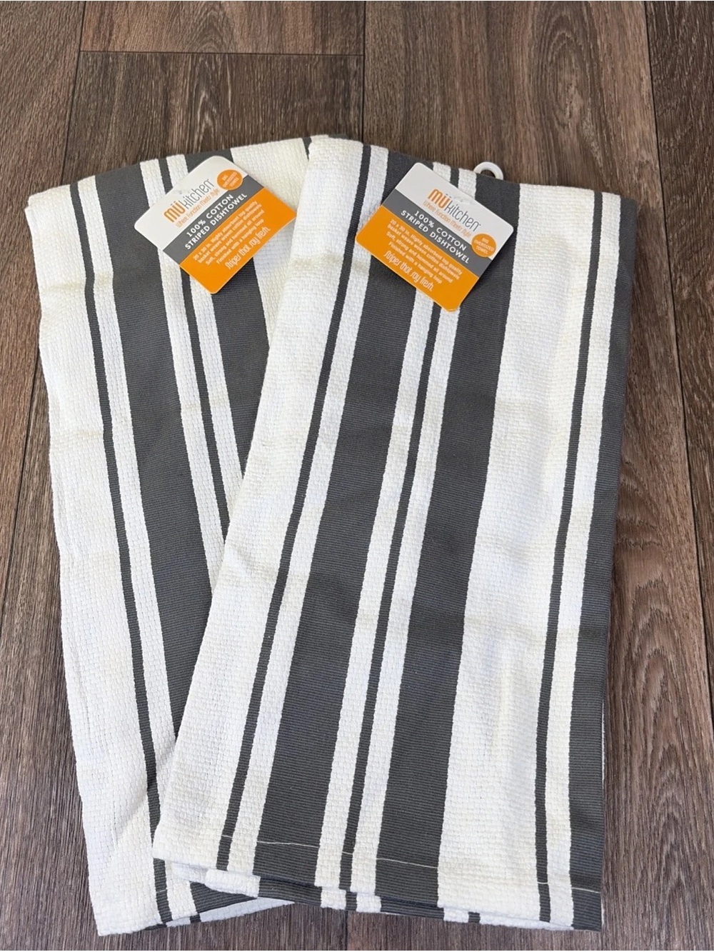 Lot of 2 MU Kitchen 100% Cotton Basket Weave Gray Striped Dishtowel  20" x 30"
